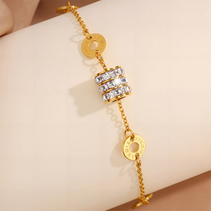 Gold Roman Numeral Disc & Crystal Zircon Barrel Bracelet - Bracelets - 18k Gold Plated Waterproof Jewellery - Collection 9