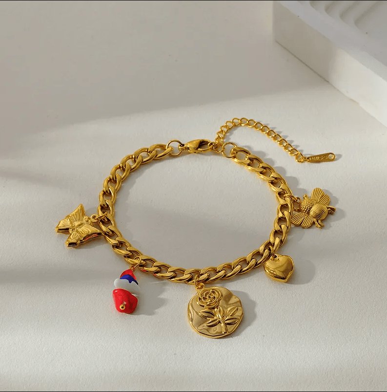 Gold Rose Butterfly Curb Chain Bracelet - Jewelry - 18k Gold Plated Waterproof Jewellery - Collection 9