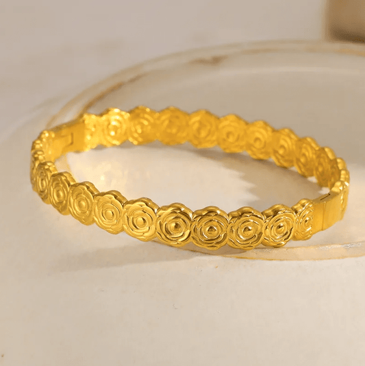 Gold Rose Pattern Bangle - Bracelets - 18k Gold Plated Waterproof Jewellery - Collection 9