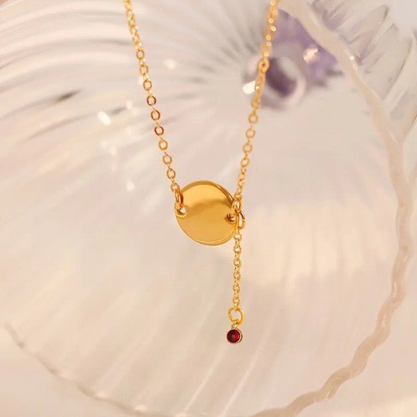 Gold Round Disc & Red Zircon Drop Cable Chain Anklet - Anklets - 18k Gold Plated Waterproof Jewellery - Collection 9