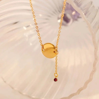 Gold Round Disc & Red Zircon Drop Cable Chain Anklet - Anklets - 18k Gold Plated Waterproof Jewellery - Collection 9