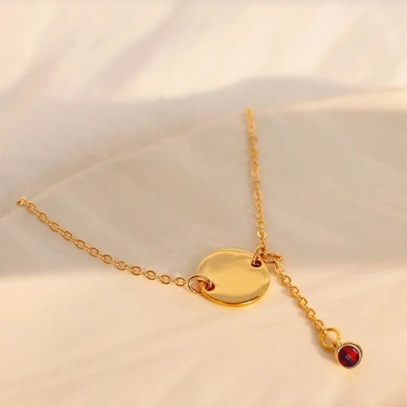 Gold Round Disc & Red Zircon Drop Cable Chain Anklet - Anklets - 18k Gold Plated Waterproof Jewellery - Collection 9