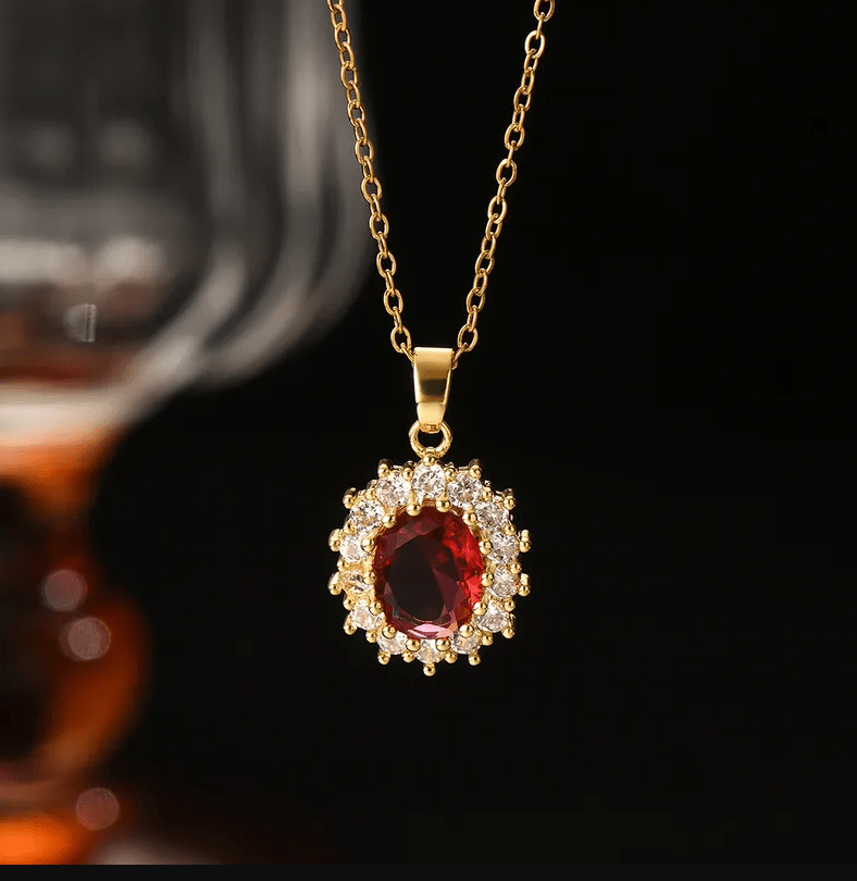 Gold Ruby Crystal Halo Jewelry Set - - 18k Gold Plated Waterproof Jewellery - Collection 9