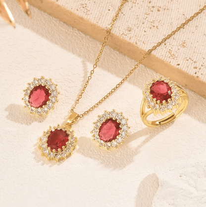 Gold Ruby Crystal Halo Jewelry Set - - 18k Gold Plated Waterproof Jewellery - Collection 9