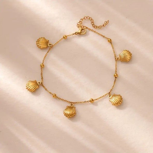 Gold Scallop Shell Charm Satellite Bead Cable Chain Anklet - Anklets - 18k Gold Plated Waterproof Jewellery - Collection 9