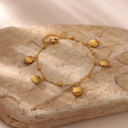 Gold Scallop Shell Charm Satellite Bead Cable Chain Anklet - Anklets - 18k Gold Plated Waterproof Jewellery - Collection 9