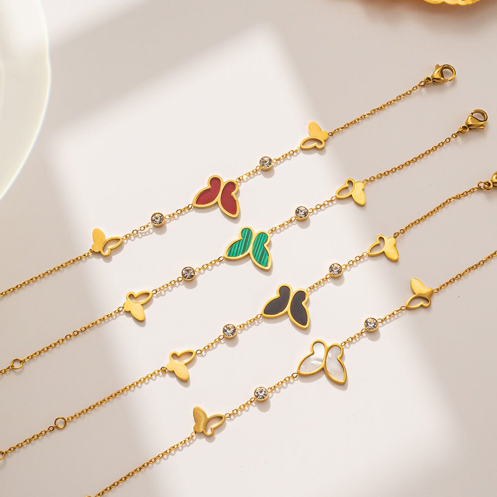 Gold Shell Butterfly Crystal Station Cable Chain Bracelet - Bracelets - 18k Gold Plated Waterproof Jewellery - Collection 9