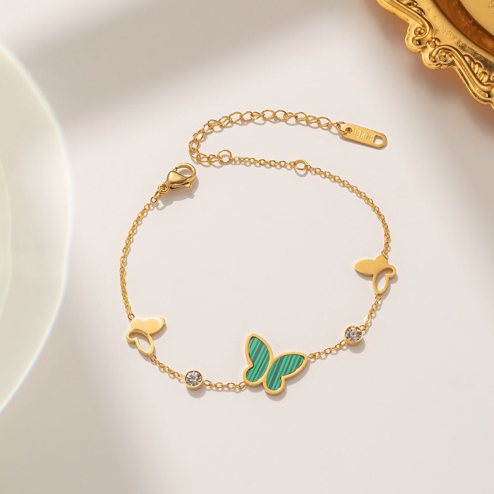 Gold Shell Butterfly Crystal Station Cable Chain Bracelet - Bracelets - 18k Gold Plated Waterproof Jewellery - Collection 9