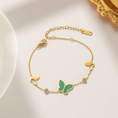 Gold Shell Butterfly Crystal Station Cable Chain Bracelet - Bracelets - 18k Gold Plated Waterproof Jewellery - Collection 9