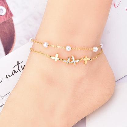 Gold Shell Butterfly Pearl Layered Anklet - Anklets - 18k Gold Plated Waterproof Jewellery - Collection 9