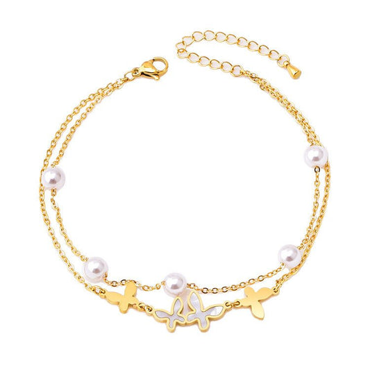 Gold Shell Butterfly Pearl Layered Anklet - Anklets - 18k Gold Plated Waterproof Jewellery - Collection 9