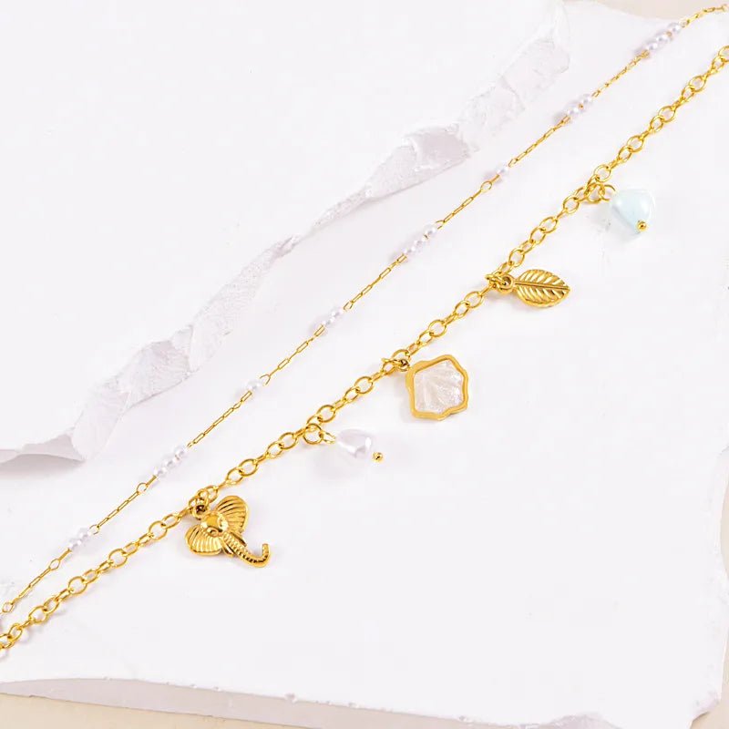 Gold Shell Elephant & Leaf Charm Double Layer Anklet - Anklets - 18k Gold Plated Waterproof Jewellery - Collection 9