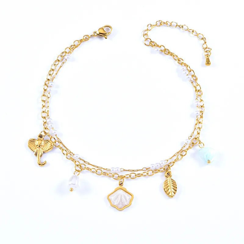 Gold Shell Elephant & Leaf Charm Double Layer Anklet - Anklets - 18k Gold Plated Waterproof Jewellery - Collection 9