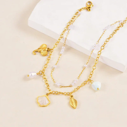 Gold Shell Elephant & Leaf Charm Double Layer Anklet - Anklets - 18k Gold Plated Waterproof Jewellery - Collection 9