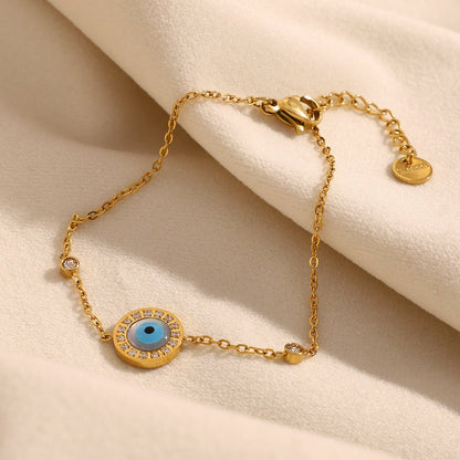 Gold Shell Evil Eye Zircon Station Cable Chain Bracelet - Bracelets - 18k Gold Plated Waterproof Jewellery - Collection 9