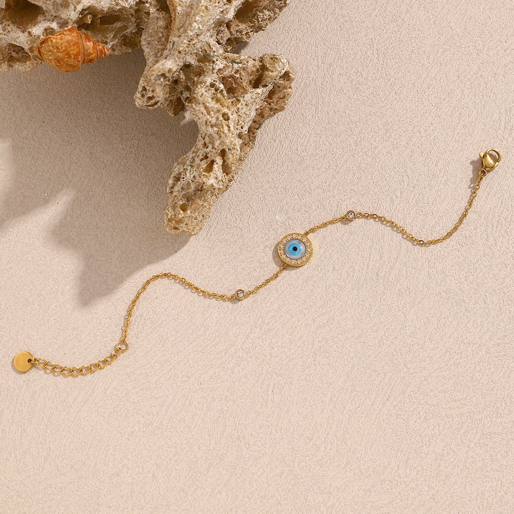 Gold Shell Evil Eye Zircon Station Cable Chain Bracelet - Bracelets - 18k Gold Plated Waterproof Jewellery - Collection 9