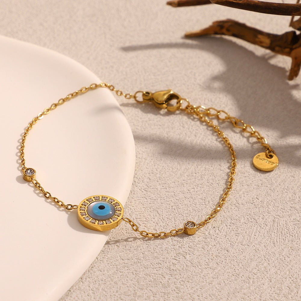 Gold Shell Evil Eye Zircon Station Cable Chain Bracelet - Bracelets - 18k Gold Plated Waterproof Jewellery - Collection 9