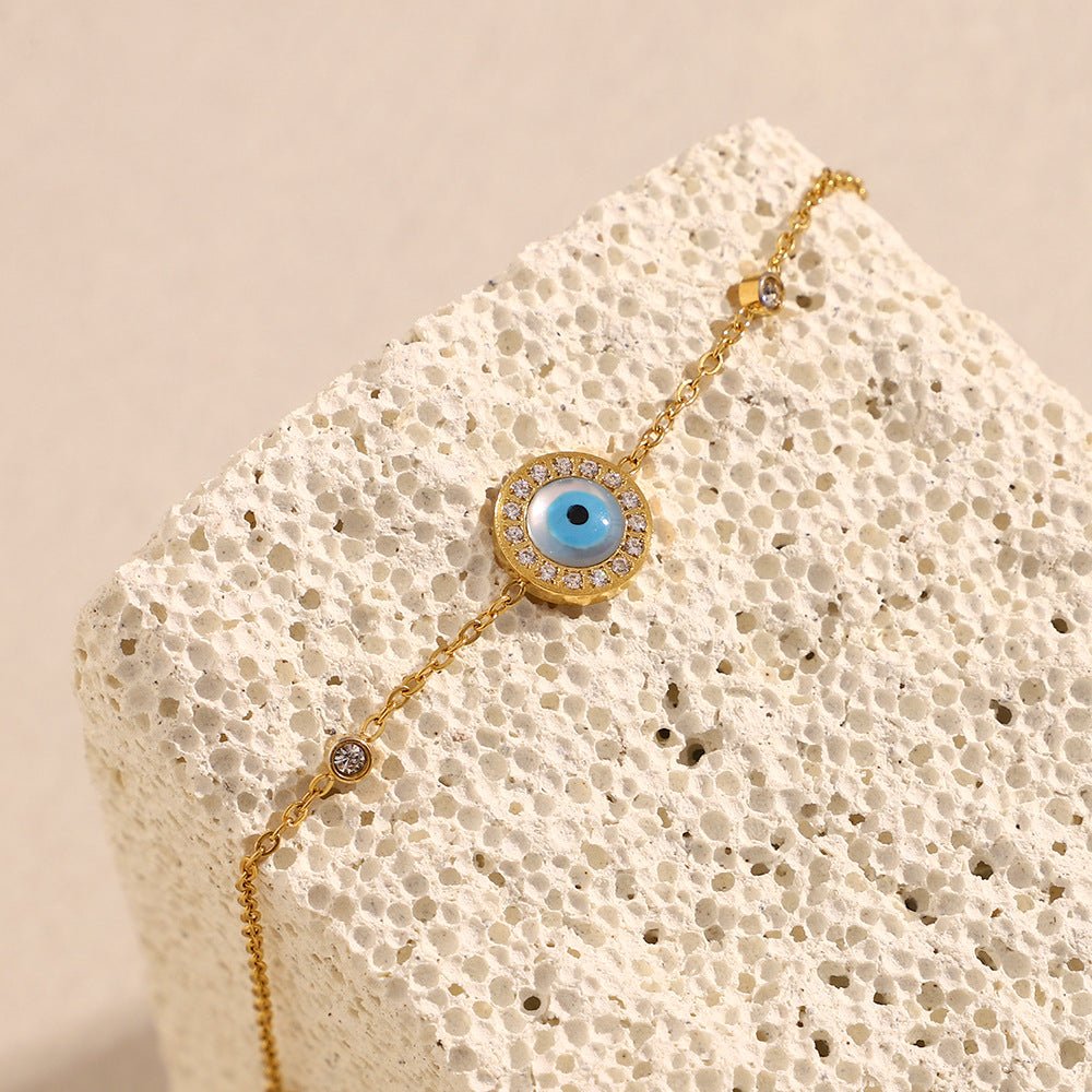 Gold Shell Evil Eye Zircon Station Cable Chain Bracelet - Bracelets - 18k Gold Plated Waterproof Jewellery - Collection 9