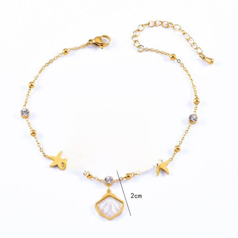 Gold Shell Fan Swallow Bird Crystal Station Anklet - Anklets - 18k Gold Plated Waterproof Jewellery - Collection 9
