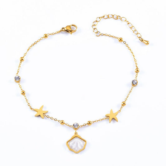 Gold Shell Fan Swallow Bird Crystal Station Anklet - Anklets - 18k Gold Plated Waterproof Jewellery - Collection 9