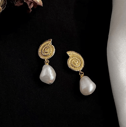 Gold Shell Freshwater Pearl Drop Earrings - - 18k Gold Plated Waterproof Jewellery - Collection 9