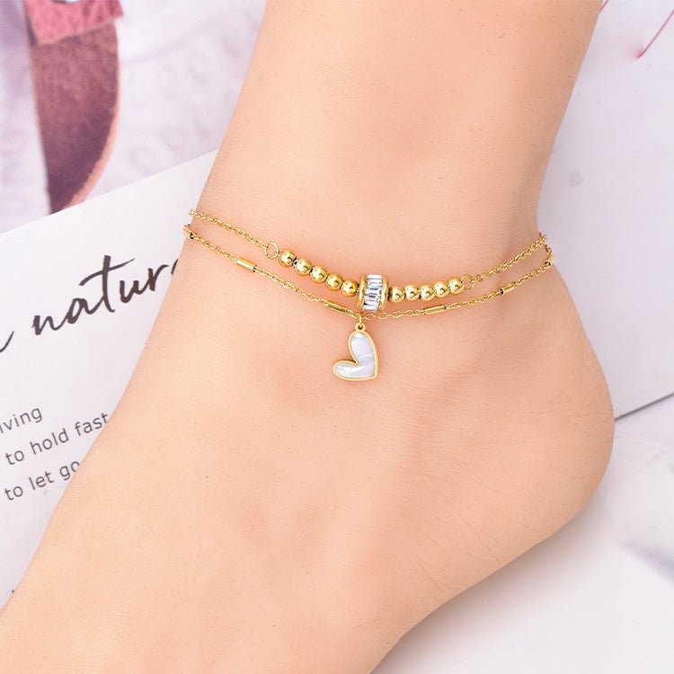 Gold Shell Heart Zircon Bead Double Layer Anklet - Anklets - 18k Gold Plated Waterproof Jewellery - Collection 9