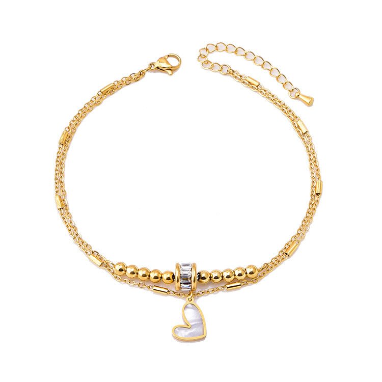 Gold Shell Heart Zircon Bead Double Layer Anklet - Anklets - 18k Gold Plated Waterproof Jewellery - Collection 9