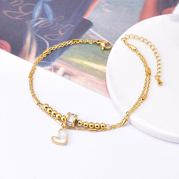 Gold Shell Heart Zircon Bead Double Layer Anklet - Anklets - 18k Gold Plated Waterproof Jewellery - Collection 9