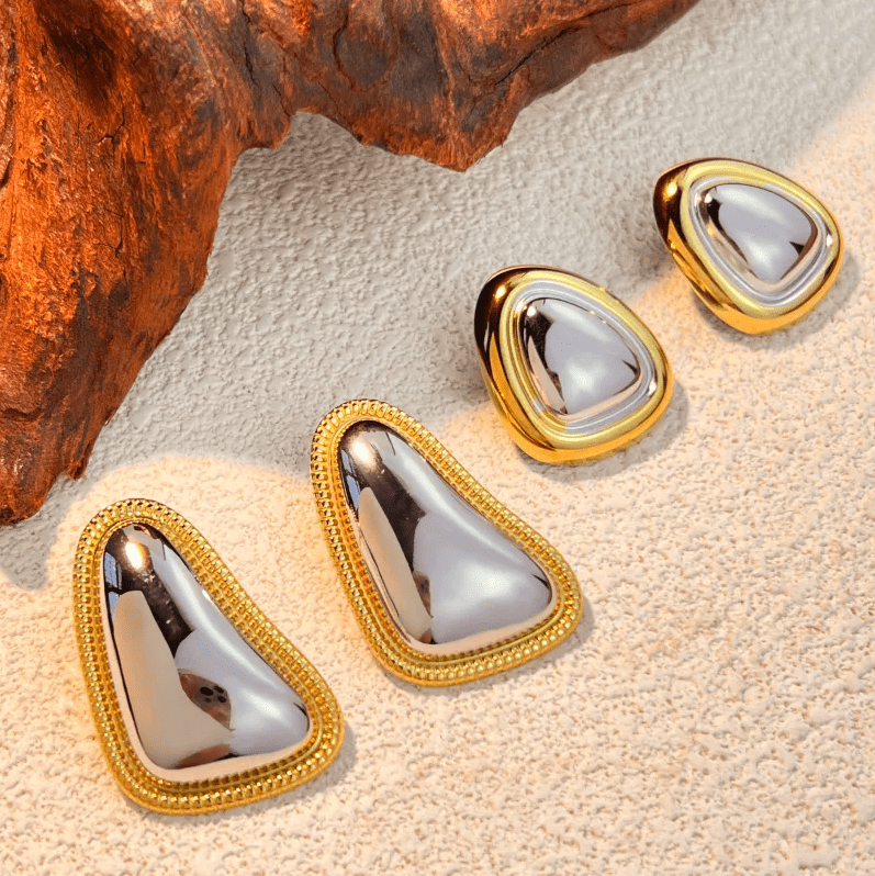 Gold Silver Mixed Metal Geometric Stud Earrings - - 18k Gold Plated Waterproof Jewellery - Collection 9