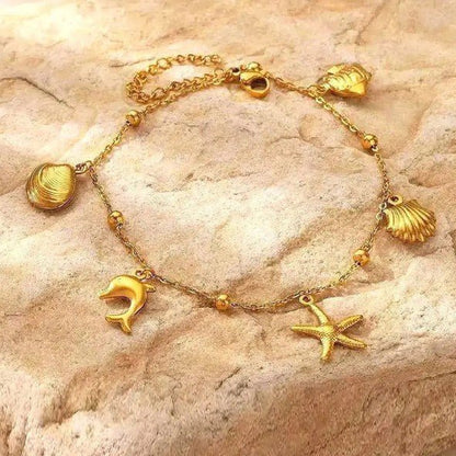 Gold Single layer Ocean Charm Satellite Bead Cable Chain Anklet - Anklets - 18k Gold Plated Waterproof Jewellery - Collection 9