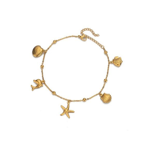 Gold Single layer Ocean Charm Satellite Bead Cable Chain Anklet - Anklets - 18k Gold Plated Waterproof Jewellery - Collection 9