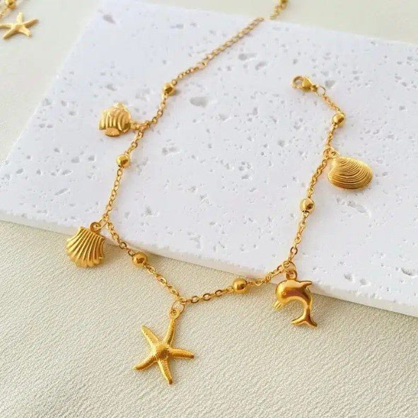 Gold Single layer Ocean Charm Satellite Bead Cable Chain Anklet - Anklets - 18k Gold Plated Waterproof Jewellery - Collection 9