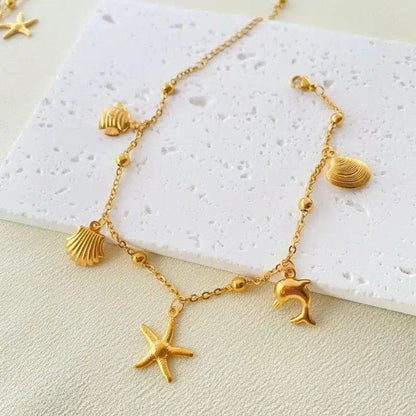 Gold Single layer Ocean Charm Satellite Bead Cable Chain Anklet - Anklets - 18k Gold Plated Waterproof Jewellery - Collection 9
