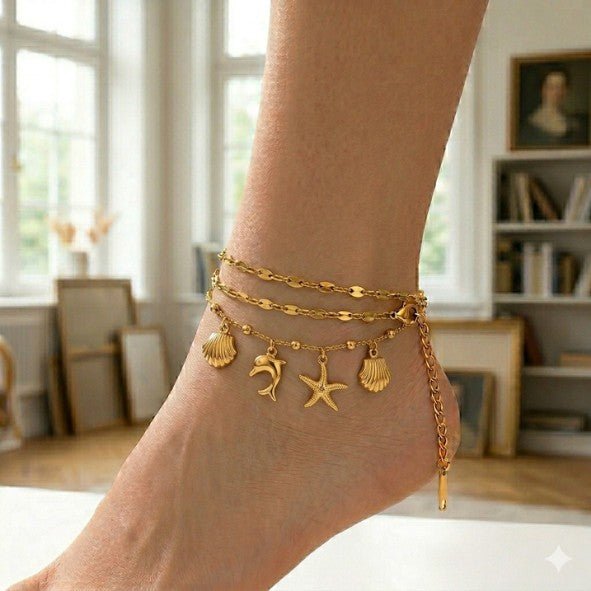 Gold Single layer Ocean Charm Satellite Bead Cable Chain Anklet - Anklets - 18k Gold Plated Waterproof Jewellery - Collection 9
