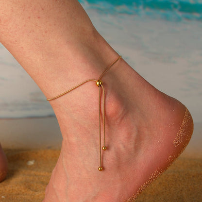 Gold Snake Chain Adjustable Pull-Tie Ball Drop Anklet - Anklets - 18k Gold Plated Waterproof Jewellery - Collection 9