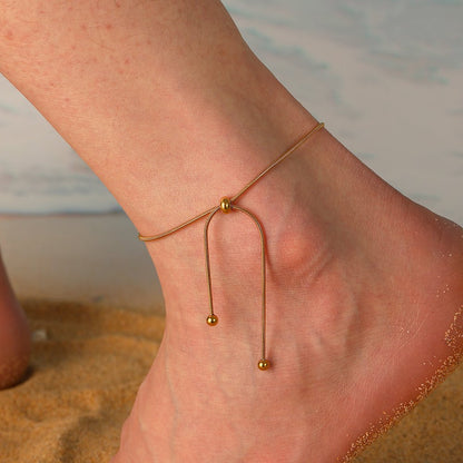 Gold Snake Chain Adjustable Pull-Tie Ball Drop Anklet - Anklets - 18k Gold Plated Waterproof Jewellery - Collection 9