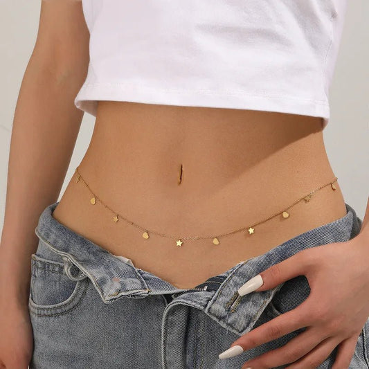 Gold Star & Heart Charm Waist Chain - Waist Chain - 18k Gold Plated Waterproof Jewellery - Collection 9