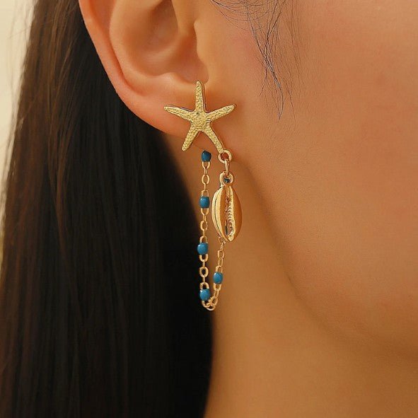 Gold Starfish & Ocean Charm Chain Drop Earrings - Drop Earrings - 18k Gold Plated Waterproof Jewellery - Collection 9