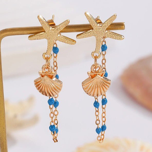 Gold Starfish & Ocean Charm Chain Drop Earrings - Drop Earrings - 18k Gold Plated Waterproof Jewellery - Collection 9