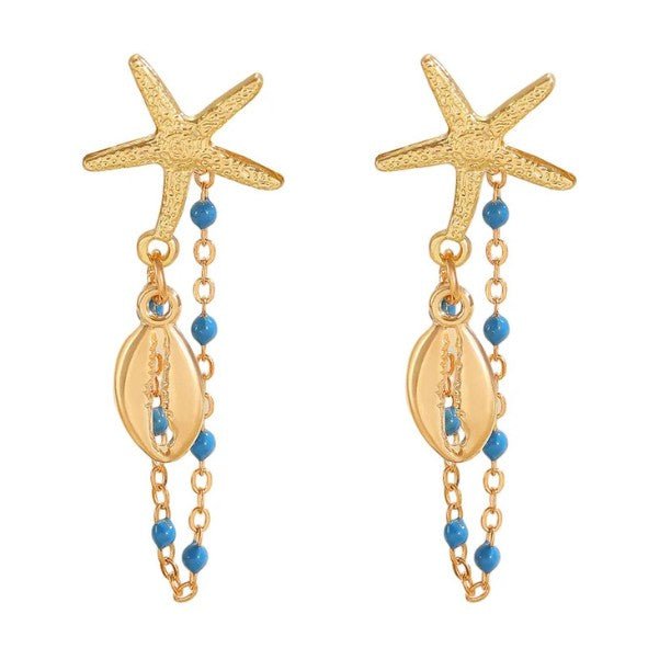 Gold Starfish & Ocean Charm Chain Drop Earrings - Drop Earrings - 18k Gold Plated Waterproof Jewellery - Collection 9