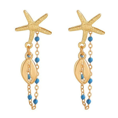 Gold Starfish & Ocean Charm Chain Drop Earrings - Drop Earrings - 18k Gold Plated Waterproof Jewellery - Collection 9