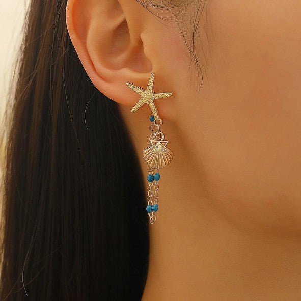 Gold Starfish & Ocean Charm Chain Drop Earrings - Drop Earrings - 18k Gold Plated Waterproof Jewellery - Collection 9