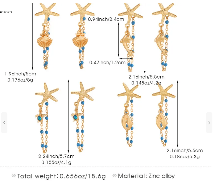 Gold Starfish & Ocean Charm Chain Drop Earrings - Drop Earrings - 18k Gold Plated Waterproof Jewellery - Collection 9
