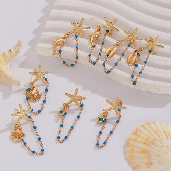 Gold Starfish & Ocean Charm Chain Drop Earrings - Drop Earrings - 18k Gold Plated Waterproof Jewellery - Collection 9