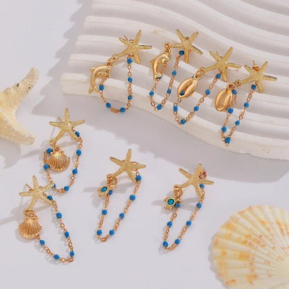 Gold Starfish & Ocean Charm Chain Drop Earrings - Drop Earrings - 18k Gold Plated Waterproof Jewellery - Collection 9