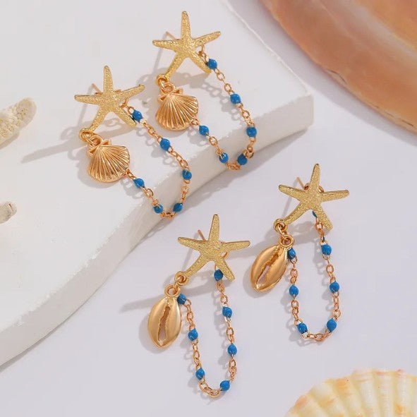 Gold Starfish & Ocean Charm Chain Drop Earrings - Drop Earrings - 18k Gold Plated Waterproof Jewellery - Collection 9