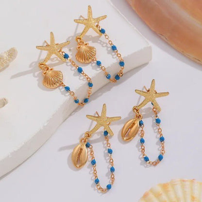 Gold Starfish & Ocean Charm Chain Drop Earrings - Drop Earrings - 18k Gold Plated Waterproof Jewellery - Collection 9