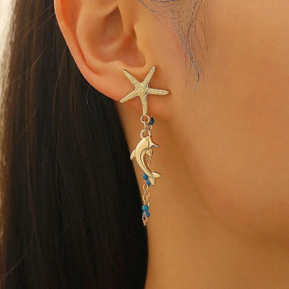 Gold Starfish & Ocean Charm Chain Drop Earrings - Drop Earrings - 18k Gold Plated Waterproof Jewellery - Collection 9