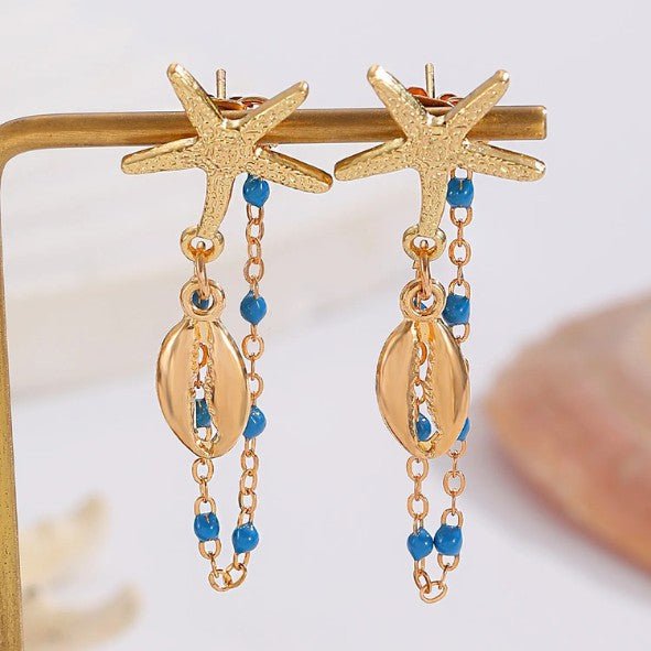 Gold Starfish & Ocean Charm Chain Drop Earrings - Drop Earrings - 18k Gold Plated Waterproof Jewellery - Collection 9