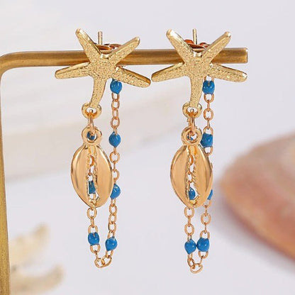 Gold Starfish & Ocean Charm Chain Drop Earrings - Drop Earrings - 18k Gold Plated Waterproof Jewellery - Collection 9
